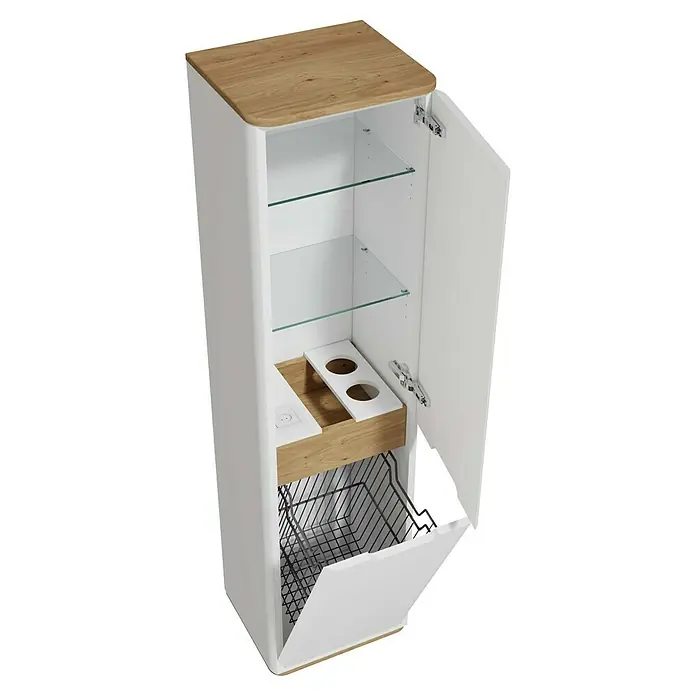 VitrA Sento Badmöbel-Set - 80 cm, Weiß, Mit Wäschekorb - Ein offener Badezimmerschrank in Weiß und Holzoptik mit Glasböden und einem Wäschekorb im unteren Bereich.