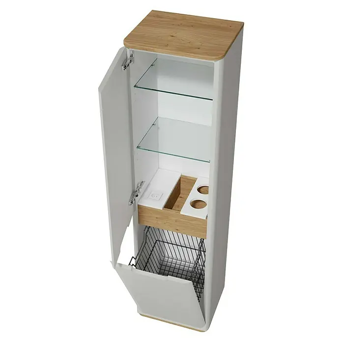 VitrA Sento Badmöbel-Set - 130 cm, Hellgrau, Mit Wäschekorb - Schrank mit Regalen, Schublade und Wäschekorb. Moderner Badezimmerschrank mit Stauraum für verschiedene Badutensilien.