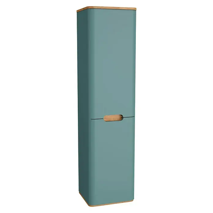 VitrA Sento Hochschrank - B x T x H: 40 x 35 x 157,5 cm, Fjordgrün, Mit Wäschekorb, DIN Anschlag: Links - Ein schmaler, mintgrüner Badezimmerschrank mit Holzdetails an Ober- und Unterseite, sowie einem Griff in der Mitte.