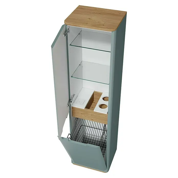 VitrA Sento Hochschrank - B x T x H: 40 x 35 x 157,5 cm, Fjordgrün, Mit Wäschekorb, DIN Anschlag: Links - Ein moderner Badezimmerschrank in Blau mit Holzelementen, Glastablaren und einem Wäschekorb, dessen Tür geöffnet ist.