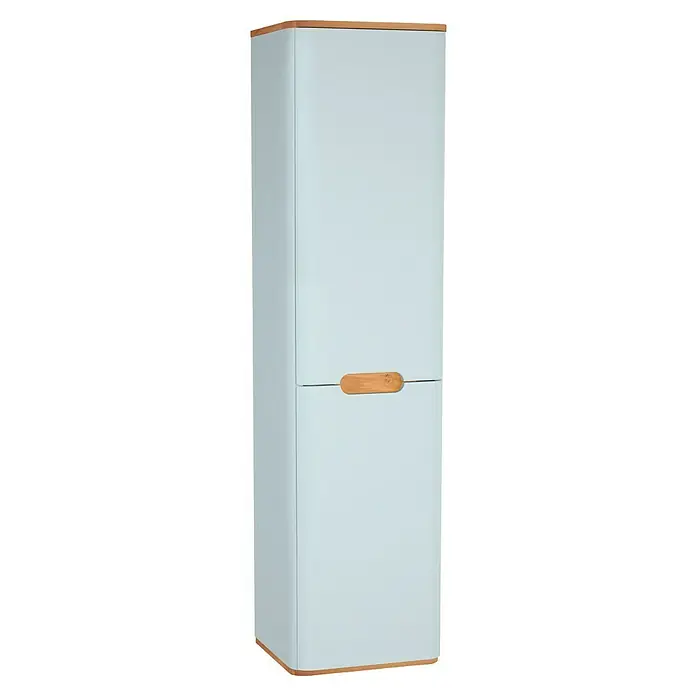 VitrA Sento Badmöbel-Set - 80 cm, Weiß, Mit Wäschekorb - Schlanker, hellblauer Küchenschrank mit Holzakzenten an Griff, Ober- und Unterseite, ideal für moderne Küchen mit begrenztem Raum.