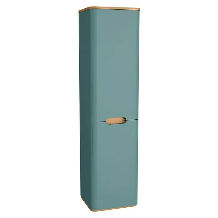 VitrA Sento Badmöbel-Set - 130 cm, Fjordgrün, Mit Wäschekorb - Dieses Bild zeigt einen hohen, türkisfarbenen Badezimmerschrank mit Holzgriffen und einer Holzoberseite. Moderner Stauraum für Ihr Bad.