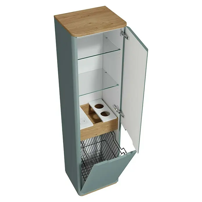 VitrA Sento Badmöbel-Set - 130 cm, Fjordgrün, Mit Wäschekorb - Ein offener, hochformatiger Küchenschrank in blaugrüner Farbe mit Holzelementen und Glasböden bietet viel Stauraum.