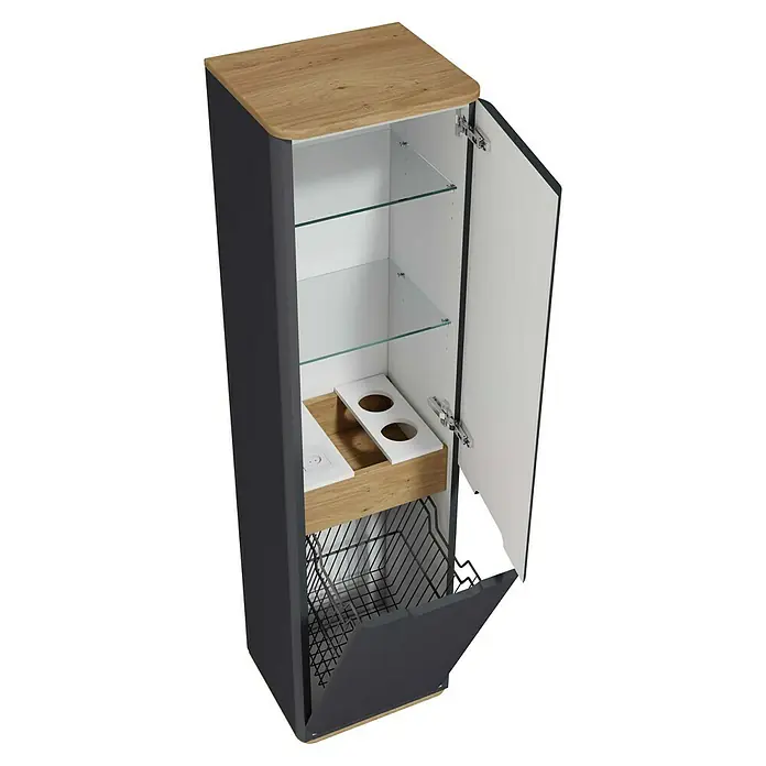 VitrA Sento Badmöbel-Set - 80 cm, Anthrazit, 2 Schubladen, Mit Wäschekorb - Ein grauer Hochschrank mit Holzplatte, Glasböden, einer Schublade mit Einsätzen und einem Drahtkorb mit Tür.