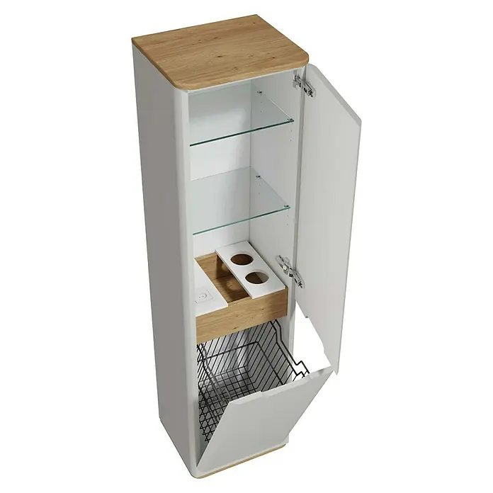 VitrA Sento Badmöbel-Set - 80 cm, Hellgrau, 1 Schublade, Mit Wäschekorb - Ein offener Badezimmerschrank in Weiß mit Holzelementen, Glasböden und einem Wäschekorb. Praktische Badmöbel für mehr Stauraum.