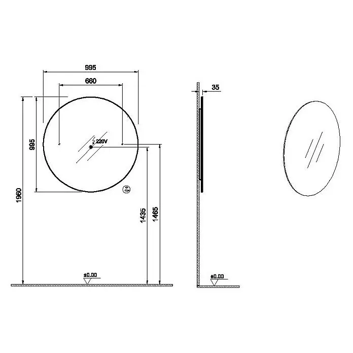 VitrA Lichtspiegel Aurinia/Sento - Durchmesser: 99,5 cm - Technische Zeichnung eines wandmontierten runden Spiegels mit Maßen, Vorder-, Seiten- und isometrischer Ansicht sowie 220V-Anschluss.