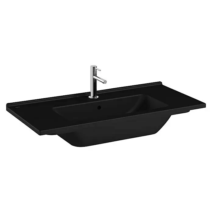 VitrA Aurinia 2.0 Einbauwaschbecken - 100 x 46,5 cm, Hahnloch: Mitte, Mit Überlauf, Schwarz - Schwarzes, rechteckiges Waschbecken mit integriertem Chromhahn.