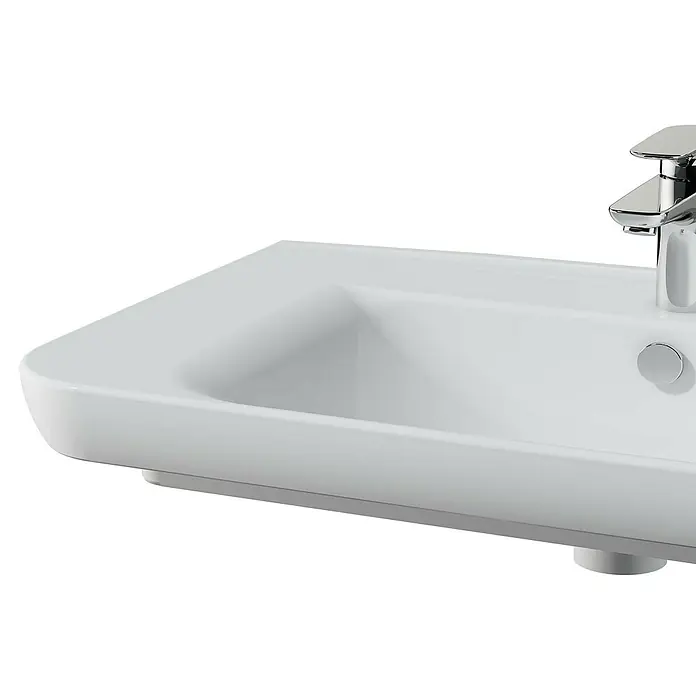 VitrA Sento Waschtisch - 78 x 48,5 cm, Weiß - Nahaufnahme eines modernen, weißen Waschbeckens mit Chromarmatur, das ein stilvolles und funktionales Design für das Badezimmer zeigt.