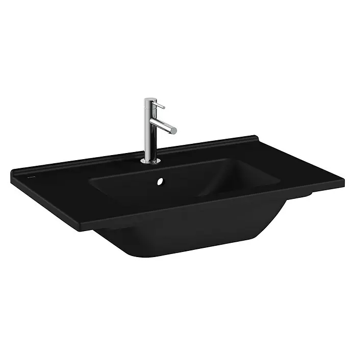VitrA Aurinia 2.0 Einbauwaschbecken - 80 x 46,5 cm, Hahnloch: Mitte, Mit Überlauf, Schwarz - Schwarzes Aufsatzwaschbecken mit chromfarbener Armatur, das elegante Design für moderne Badezimmer bietet.