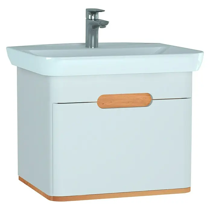 VitrA Sento Badmöbel-Set - 63 cm, Weiß, Ohne Wäschekorb - Waschbeckenschrank mit Holzgriffen und chromfarbener Armatur für modernes Badezimmerdesign.