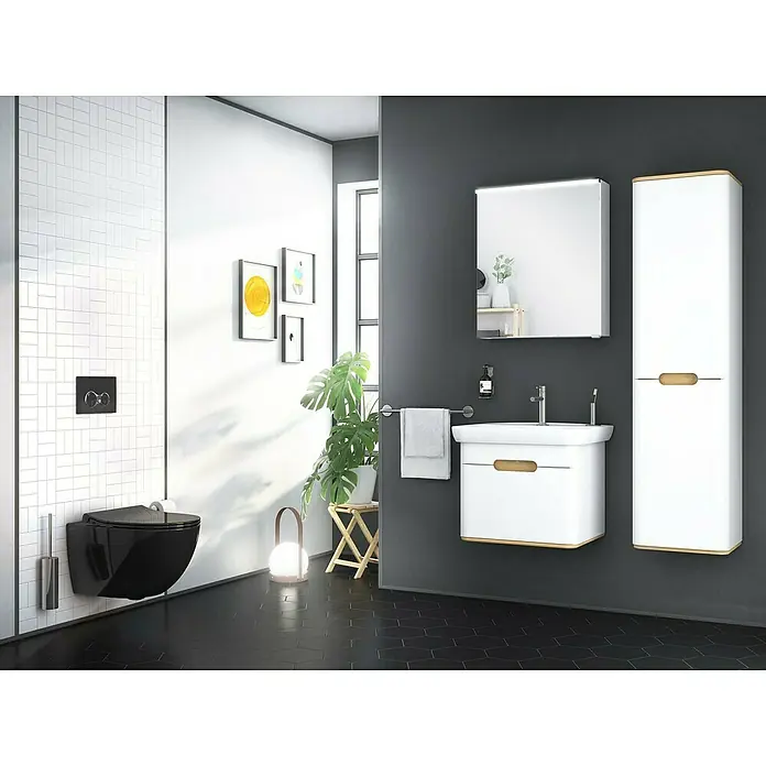 VitrA Sento Badmöbel-Set - 54,5 cm, Weiß, Griffmulde - Modernes Badezimmerdesign mit elegantem Waschbecken, Spiegelschrank und Hochschrank in Weiß mit Holzdetails vor dunklem Hintergrund.