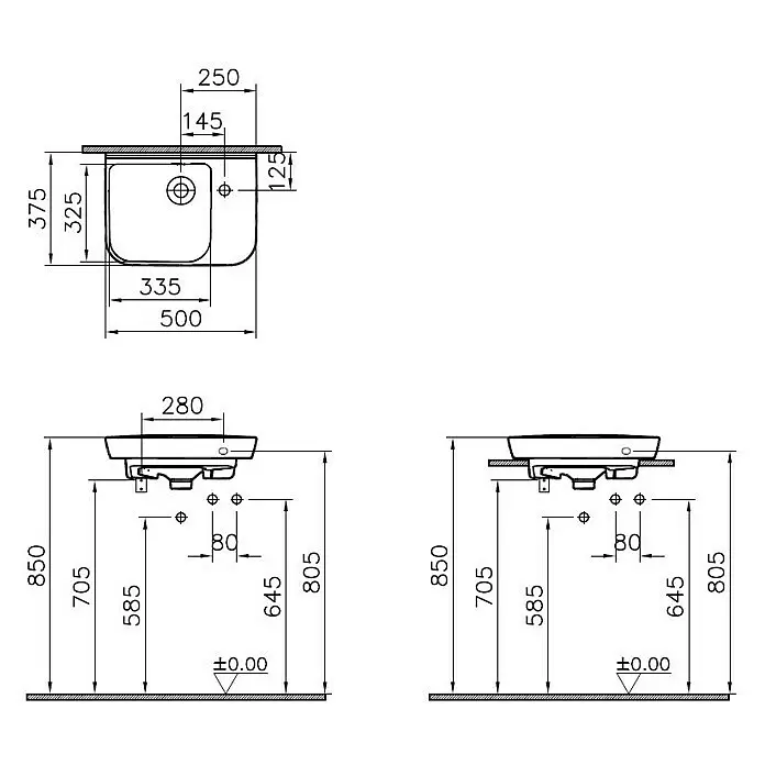 VitrA Sento Handwaschbecken - 50 x 37,5 cm, Weiß - Technische Zeichnung eines rechteckigen Waschbeckens mit Maßen, Draufsicht und Seitenansicht für die Installation.