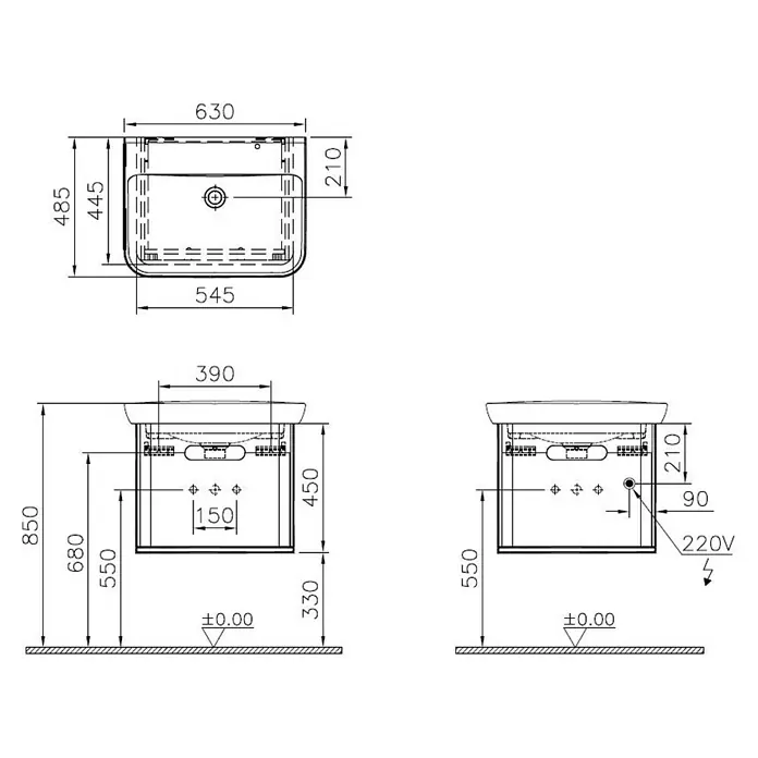VitrA Sento Badmöbel-Set - 63 cm, Anthrazit, 1 Schublade, Mit Wäschekorb - Technische Zeichnung eines Waschtischs mit den Maßen 630x485mm, Höhe 850mm, inklusive Ansichten von oben und von vorne mit Elektroanschluss.
