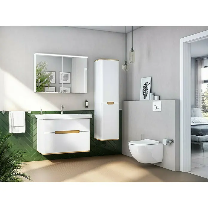 VitrA Sento Hochschrank - B x T x H: 40 x 35 x 157,5 cm, Weiß, DIN Anschlag: Rechts - Ein modernes Badezimmer mit einem weißen Waschtischunterschrank, einem passenden Hochschrank und einer wandhängenden Toilette mit integriertem Spülkasten.
