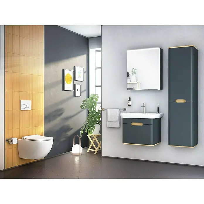 VitrA Sento Badmöbel-Set - 54,5 cm, Anthrazit, Griffmulde - Modernes Badezimmer-Interieur mit hängendem WC, Waschtisch mit Unterschrank und einem hohen Schrank in stilvollem Design und harmonischer Farbgebung.
