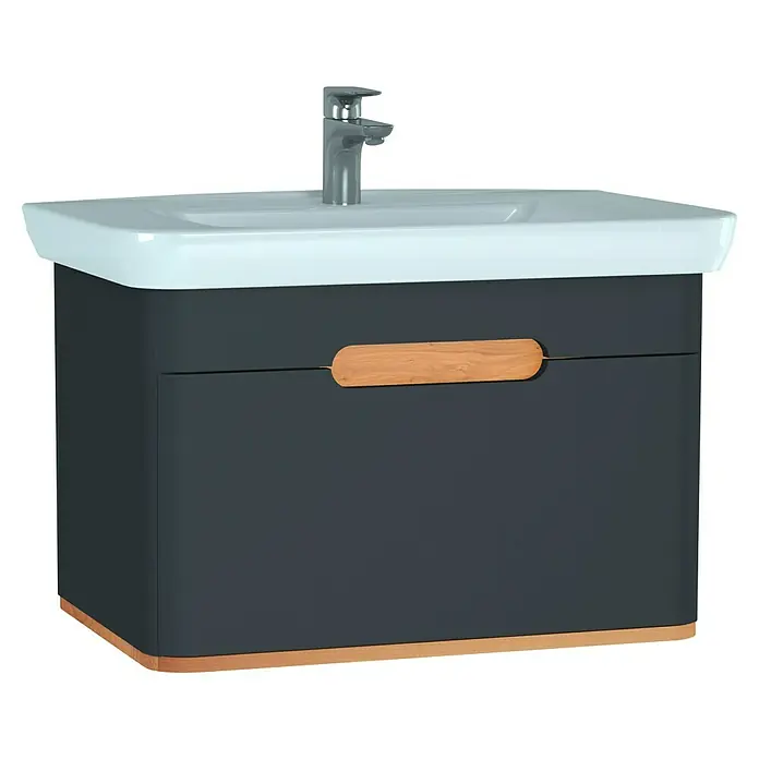 VitrA Sento Badmöbel-Set - 80 cm, Anthrazit, 1 Schublade, Ohne Wäschekorb - Elegantes graues Waschbeckenunterschrank-Set mit Holzakzenten und moderner Armatur für ein stilvolles Badezimmer.