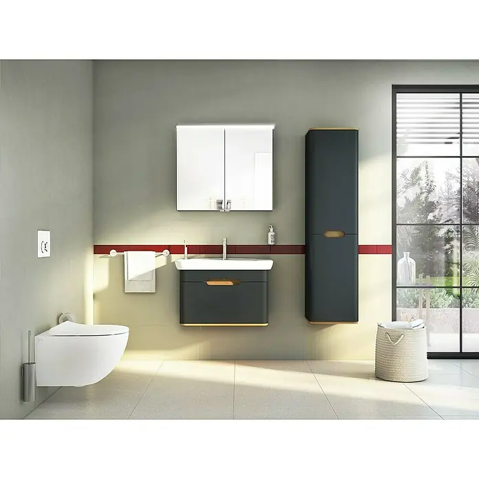 VitrA Sento Badmöbel-Set - 80 cm, Anthrazit, Griffmulde - Das moderne Badezimmer mit einem schwebenden WC, Waschtischunterschrank, Spiegelschrank und einem Hochschrank in elegantem Design.