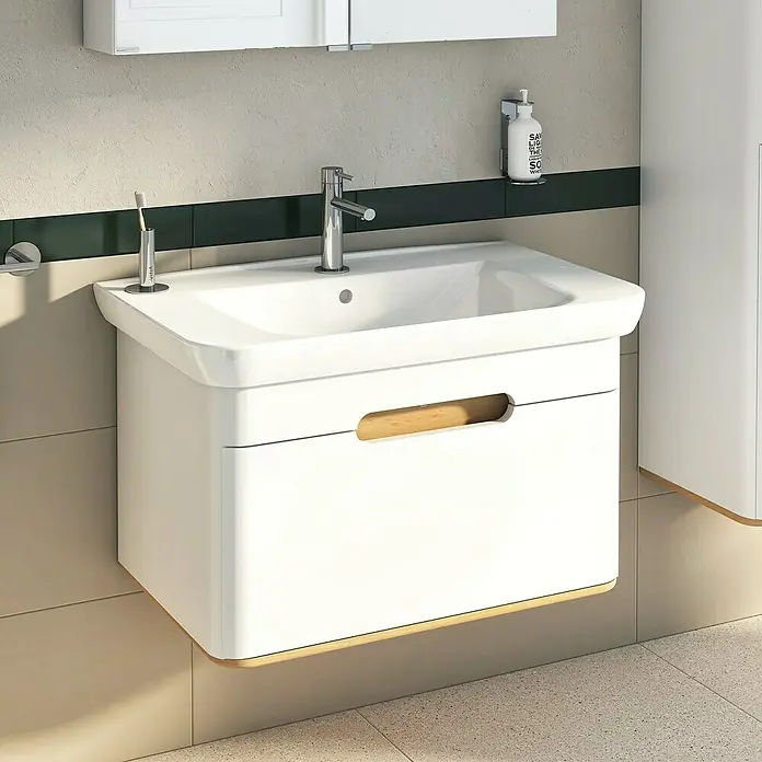 VitrA Sento Badmöbel-Set - 80 cm, Weiß, Ohne Wäschekorb - Elegantes, modernes Waschbeckenunterschrank-Set in Weiß mit Akzenten aus hellem Holz. Ideal für stilvolle Badezimmer.
