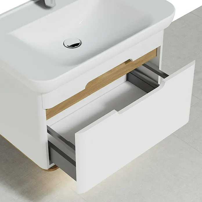 VitrA Sento Badmöbel-Set - 80 cm, Weiß, Ohne Wäschekorb - Elegantes Waschbeckenunterschrank mit offener Schublade. Das Möbelstück besticht durch sein modernes Design und die hochwertige Verarbeitung.