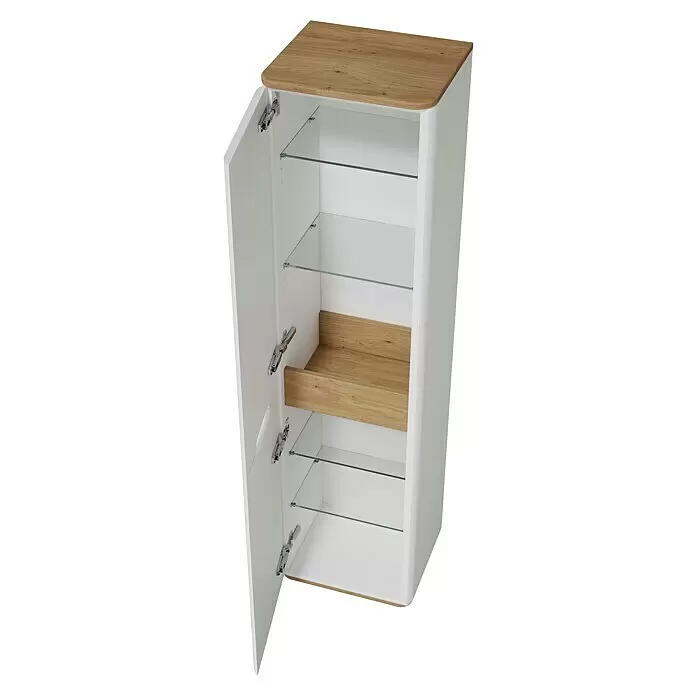 VitrA Sento Hochschrank - B x T x H: 40 x 35 x 157,5 cm, Weiß, DIN Anschlag: Links - Weißer Hochschrank mit heller Holzplatte und Akzentregal, Glasböden und offener Tür mit Scharnieren.