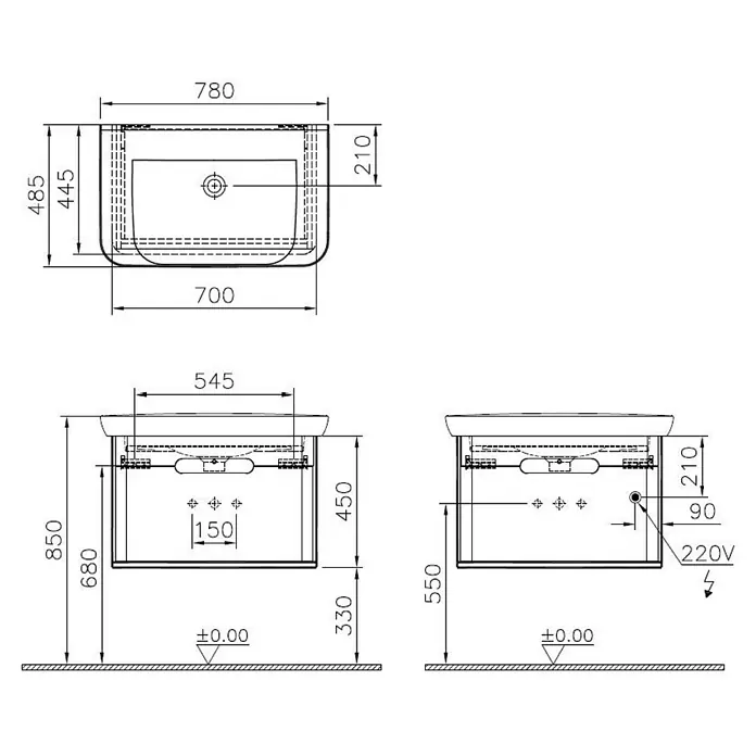 VitrA Sento Badmöbel-Set - 80 cm, Weiß, Mit Wäschekorb - Technische Zeichnung eines Waschbeckens mit Unterschrank, inklusive aller Maße und Details für die Installation.