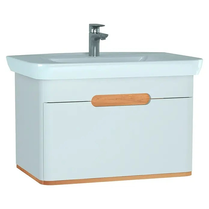 VitrA Sento Badmöbel-Set - 80 cm, Weiß, Ohne Wäschekorb - Ein weißer Waschtischunterschrank mit Holzgriffen und einer eleganten Armatur. Perfekt für moderne Badezimmer und stilvolle Einrichtungen.