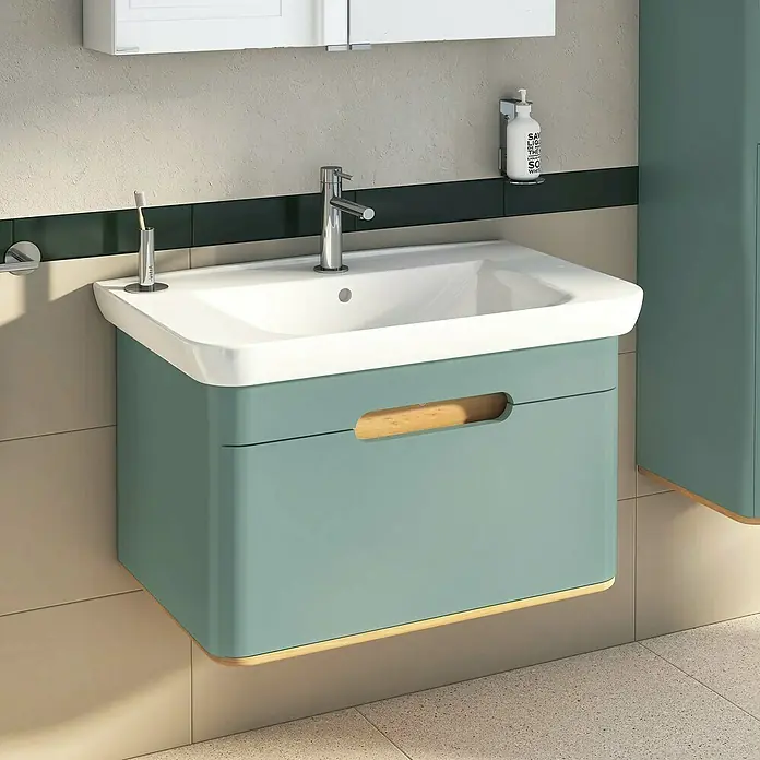 VitrA Sento Badmöbel-Set - 80 cm, Fjordgrün, 1 Schublade, Ohne Wäschekorb - Modernes Badezimmerwaschbecken mit blaugrünem Unterschrank und Holzgriffen.