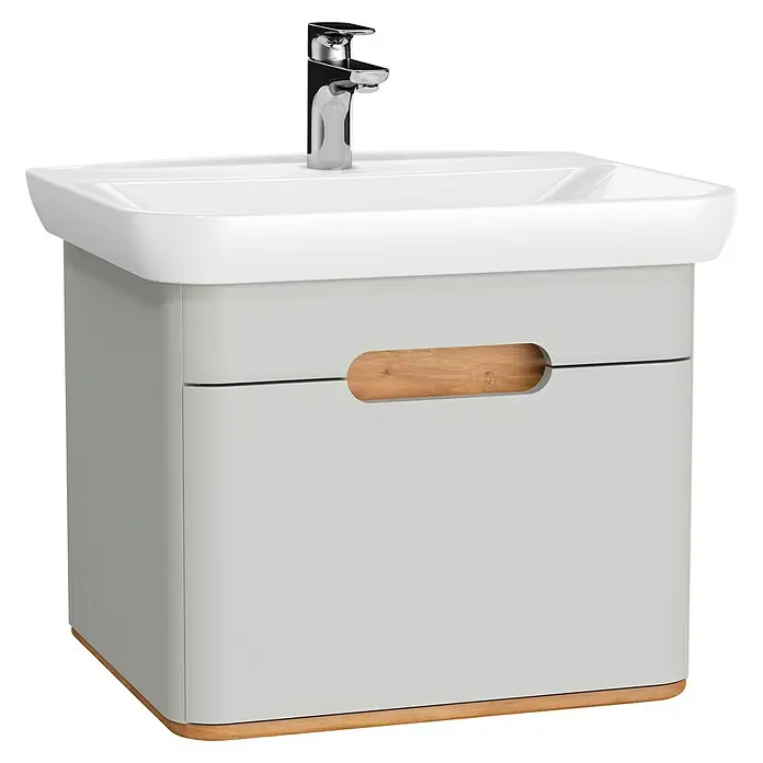 VitrA Sento Badmöbel-Set - 54,5 cm, Hellgrau, Griffmulde - Bild eines modernen Waschtischunterschranks mit Waschbecken und Armatur in Grau und Holzoptik.