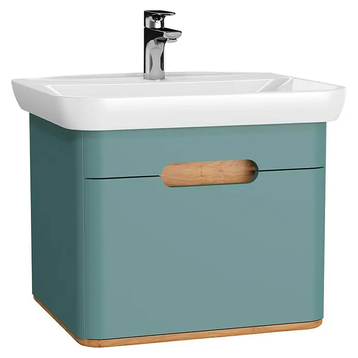VitrA Sento Badmöbel-Set - 54,5 cm, Fjordgrün, Griffmulde - Elegantes Waschbecken mit Unterschrank in Blaugrün und Holzdetails, inklusive moderner Armatur. Stilvolle Badezimmerausstattung für ein modernes Ambiente.