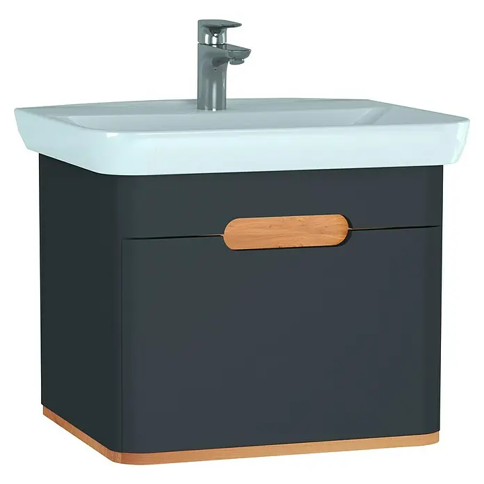 VitrA Sento Badmöbel-Set - 54,5 cm, Anthrazit, Griffmulde - Moderner Waschtischunterschrank in Anthrazit mit Holzdetails. Das Design ist schlicht und elegant, ideal für ein stilvolles Badezimmer.