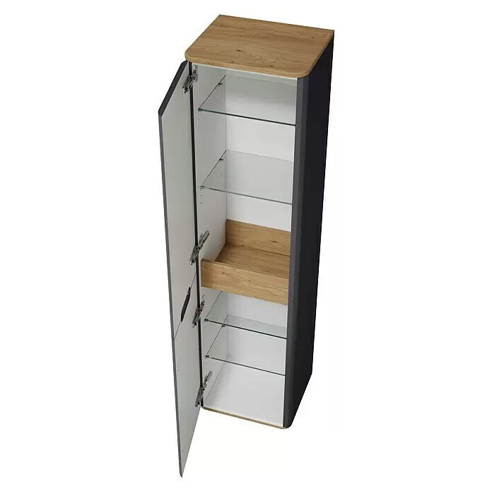 VitrA Sento Hochschrank - B x T x H: 40 x 35 x 157,5 cm, Anthrazit, DIN Anschlag: Links - Hochschrank mit dunkelgrauem Rahmen, heller Holzplatte und Regalboden, weißem Innenraum und Glasböden.