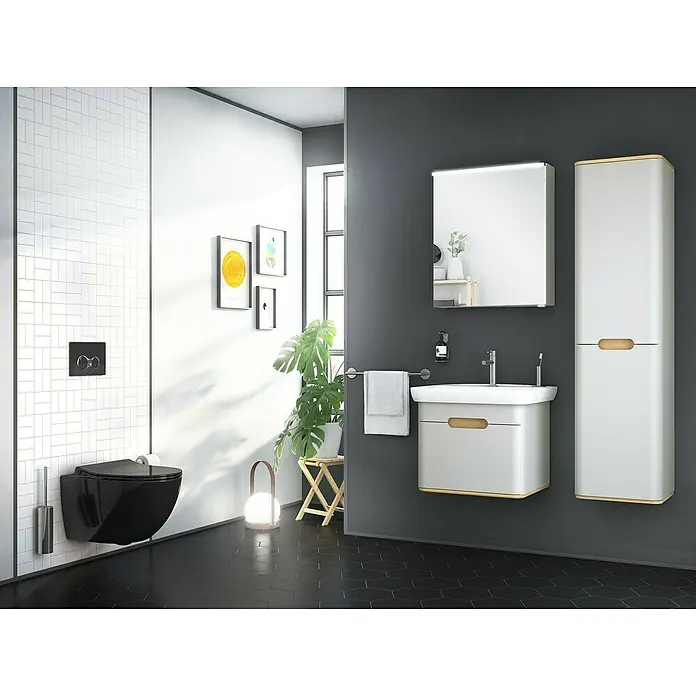 VitrA Sento Badmöbel-Set - 54,5 cm, Hellgrau, Griffmulde - Modernes Badezimmer mit einem wandhängenden WC in Schwarz, einem Waschtisch und einem Spiegelschrank in Weiß.