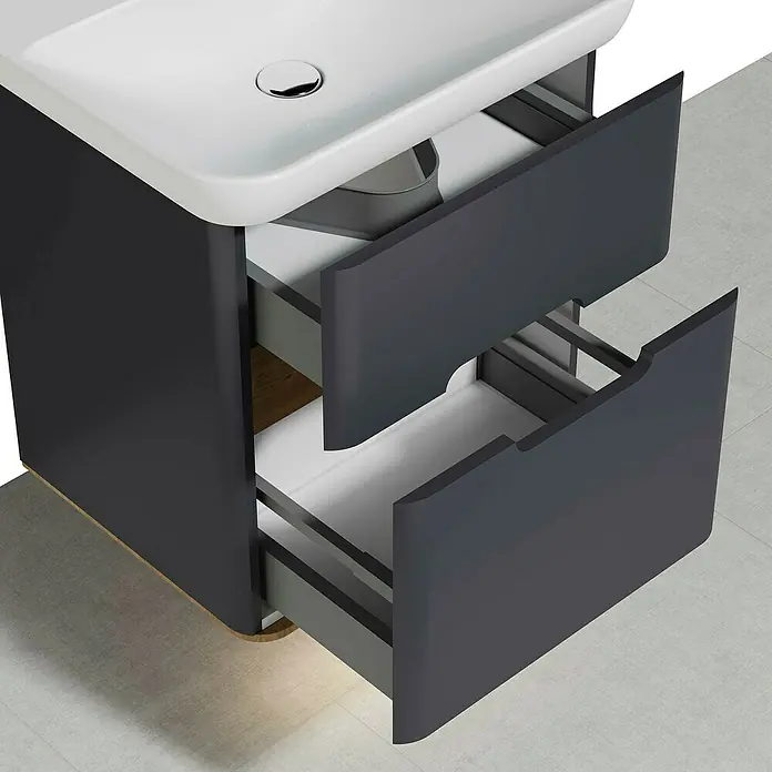 VitrA Sento Badmöbel-Set - 63 cm, Anthrazit, 2 Schubladen - Grauer Waschtischunterschrank mit zwei offenen Schubladen und einem weißen Aufsatzwaschbecken. Stilvolles Badezimmermöbel für moderne Bäder.