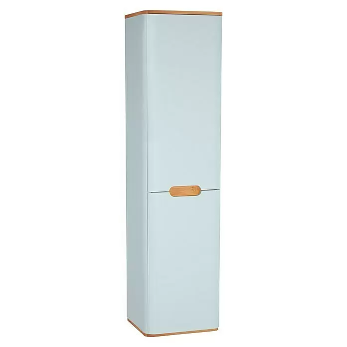 VitrA Sento Hochschrank - B x T x H: 40 x 35 x 157,5 cm, Weiß, DIN Anschlag: Links - Weißer hoher Schrank mit abgerundeten Ecken, hellholzfarbenen Ober-/Unterkanten und zentralem Holzgriff.