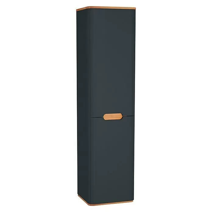 VitrA Sento Hochschrank - B x T x H: 40 x 35 x 157,5 cm, Anthrazit, DIN Anschlag: Links - Hoher, dunkelgrauer Schrank mit abgerundeten Ecken, hellen Holzleisten oben und unten und einem horizontalen Holzgriff.