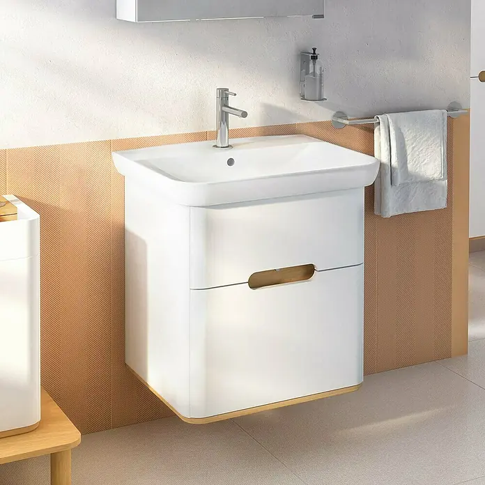 VitrA Sento Badmöbel-Set - 63 cm, Weiß, 2 Schubladen - Elegantes Badezimmerwaschbecken mit Unterschrank in Weiß und Holzdetails. Ein modernes Design für stilvolle Badezimmer.