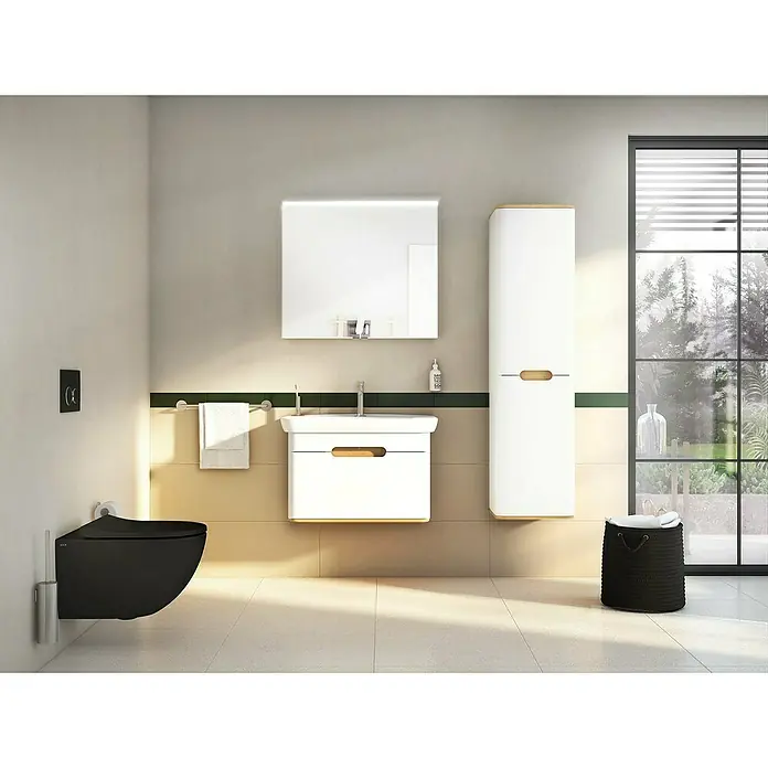 VitrA Sento Badmöbel-Set - 80 cm, Weiß, Griffmulde - Elegantes Badezimmer-Interieur mit moderner Toilette, Waschbecken und großem Spiegel, ergänzt durch einen hohen Schrank zur Aufbewahrung.