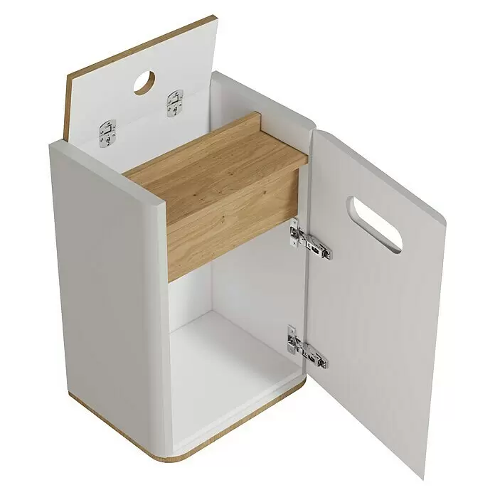 VitrA Sento Halbhochschrank - B x T x H: 40 x 29,5 x 58 cm, Hellgrau, DIN Anschlag: Rechts - Offener weißer Schrank mit Klappdeckel, Seitentür und Holzablage. Abgerundete Kanten und eingefräste Griffe.