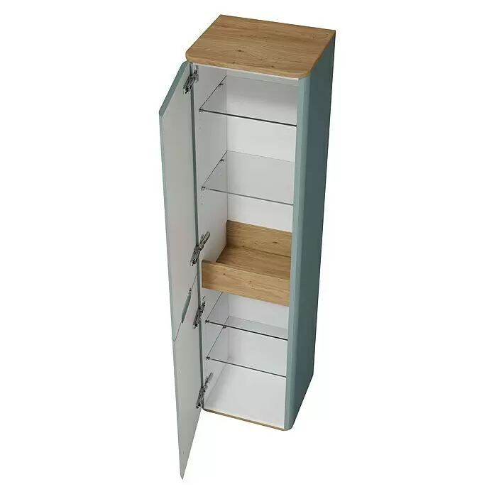 VitrA Sento Hochschrank - B x T x H: 40 x 35 x 157,5 cm, Fjordgrün, DIN Anschlag: Links - Hoher Schrank mit heller Holzplatte, hellgrauen Seiten, weißer Tür und Innenausstattung. Mit Glasböden und offenem Holzfach.