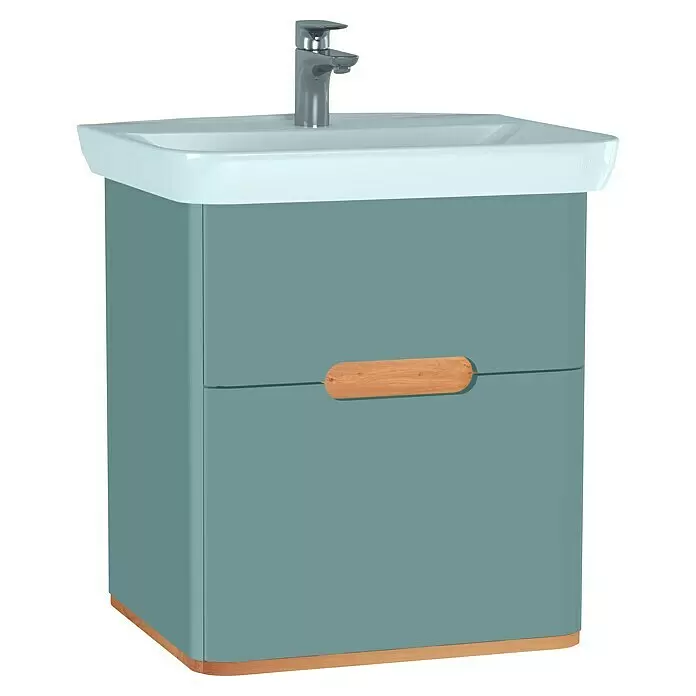 VitrA Sento Badmöbel-Set - 63 cm, Fjordgrün, 2 Schubladen - Blaugrauer Badschrank mit weißem Waschbecken, Chromarmatur und Holzgriff/Sockel.