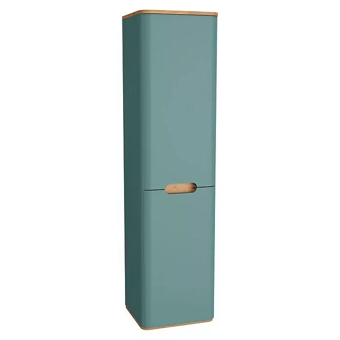 VitrA Sento Hochschrank - B x T x H: 40 x 35 x 157,5 cm, Fjordgrün, DIN Anschlag: Links - Hoher hellblaugrüner Schrank mit abgerundeten Ecken und Griff, Ober- und Unterseite aus Naturholz.
