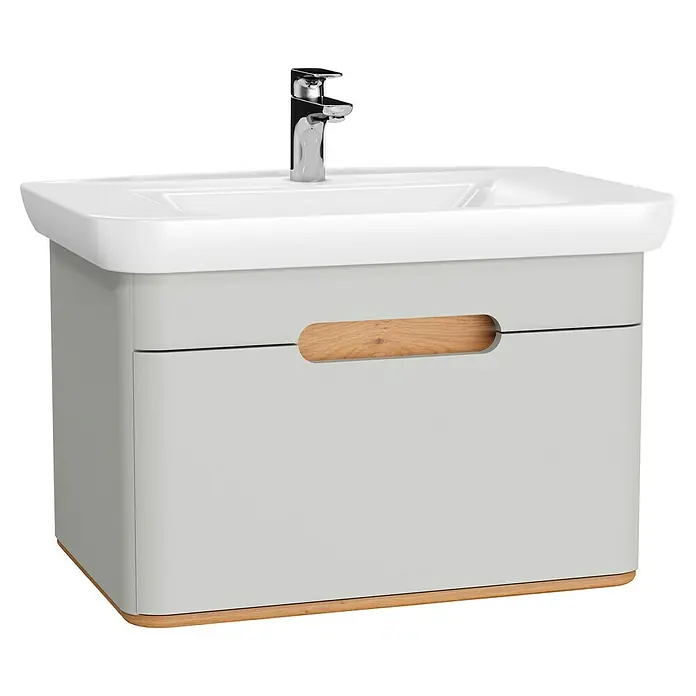 VitrA Sento Badmöbel-Set - 80 cm, Hellgrau, 1 Schublade, Mit Wäschekorb - Elegantes Waschbecken mit Unterschrank in Grau und Holzoptik. Das moderne Design verleiht jedem Badezimmer einen stilvollen Touch und bietet praktischen Stauraum.