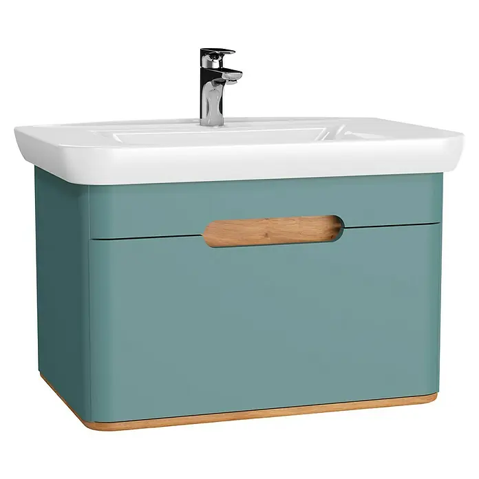VitrA Sento Badmöbel-Set - 80 cm, Fjordgrün, 1 Schublade, Ohne Wäschekorb - Modernes Badezimmer-Waschbecken mit blauem Unterschrank und Holzgriffen. Elegantes Design für Ihr Bad.