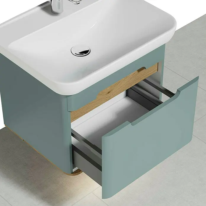 VitrA Sento Badmöbel-Set - 54,5 cm, Fjordgrün, Griffmulde - Moderne Waschtischkombination in Blau mit offener Schublade, die das helle Holzinnere zeigt. Eine stilvolle Ergänzung für jedes Badezimmer.
