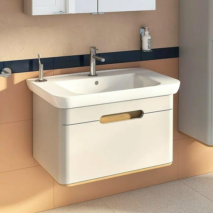 VitrA Sento Badmöbel-Set - 80 cm, Hellgrau, 1 Schublade, Mit Wäschekorb - Ein moderner Waschtisch mit weißem Unterschrank und einem eleganten Holzgriffdesign, ideal für stilvolle Badezimmer.