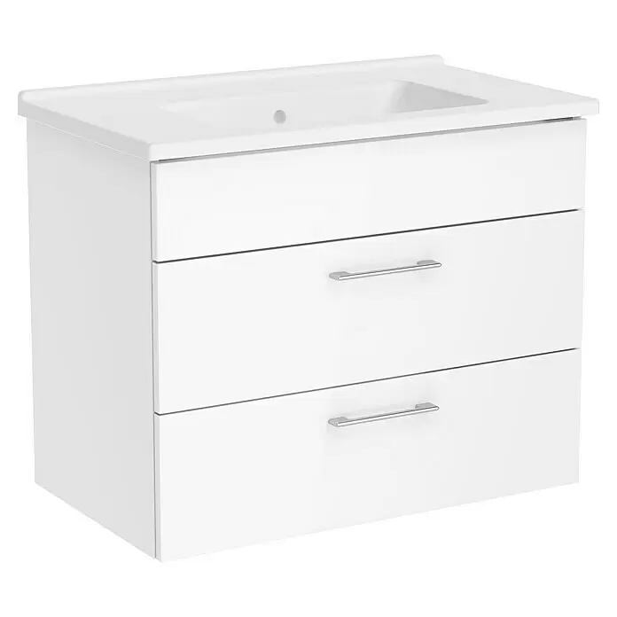 VitrA Aurinia 2.0 Waschtischunterschrank - 77 x 45 x 61 cm, Weiß - Weißer Badezimmerschrank mit integriertem Waschbecken und zwei Schubladen, mit silbernen Griffen.