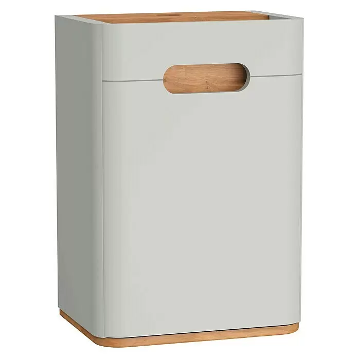 VitrA Sento Halbhochschrank - B x T x H: 40 x 29,5 x 58 cm, Hellgrau, DIN Anschlag: Rechts - Hellgrauer Wäschekorb mit abgerundeten Ecken, Holzplatte, -boden und integriertem Griff.