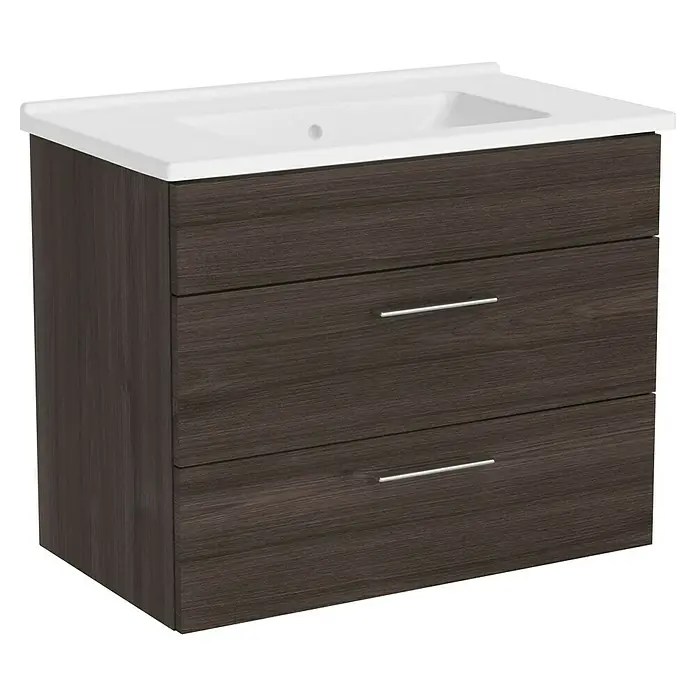 VitrA Aurinia 2.0 Waschtischunterschrank - 77 x 45 x 61 cm, Marone Trüffel - Stilvoller Waschtischunterschrank mit zwei Schubladen und einer weißen Waschtischplatte, ideal für moderne Badezimmer.