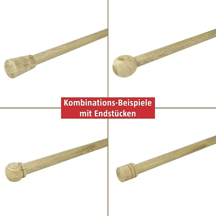 Expo Ambiente Gardinenstange Domo - Farbe: Eiche, Länge: 160 cm, Durchmesser: 28 mm - Beispiele für Endstücke zur Kombination von Holzstangen, ideal für Gardinenstangen oder Möbel.