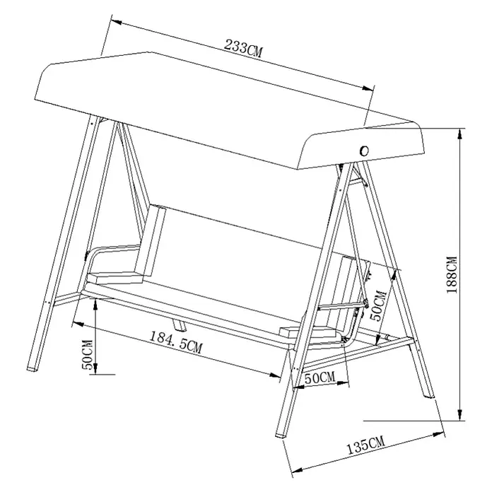 Sunfun Maja Hollywoodschaukel - 230 x 135 x 188 cm, Anthrazit - Abbildung einer Gartenschaukel mit Abmessungen. Die Schaukel hat ein Dach und bietet Platz für mehrere Personen.
